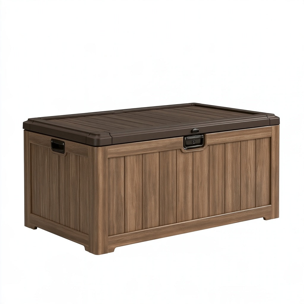 Garten-Aufbewahrungsbox 120 x 60 x 63 cm aus Kunststoff Braun in Holzoptik mit Deckel