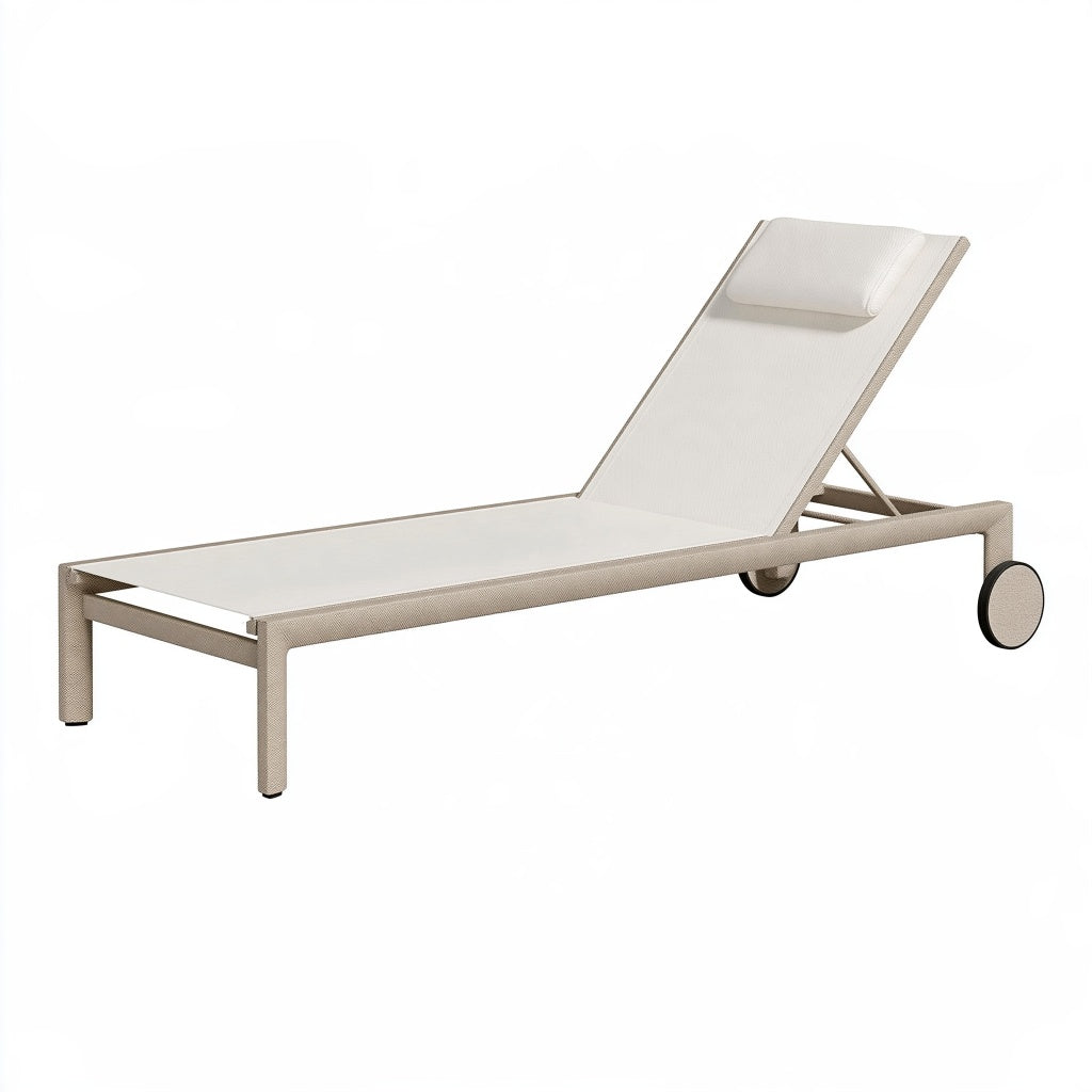 Sonnenliege 200 x 70 x 35 cm aus Metall und Textilgewebe in Beige mit verstellbarer Rückenlehne und Rollen