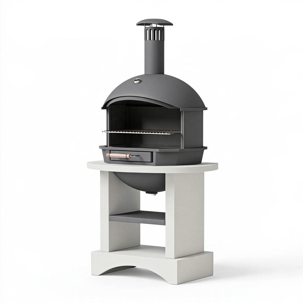 Pizzaofen 80 cm aus Stahl in Anthrazit mit Kamin und Grillrost für den Garten