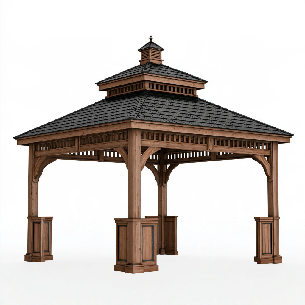 Holz Gartenpavillon 400 x 400 x 350 cm Braun mit dunklem Schindeldach im asiatischen Stil