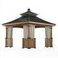 Gartenpavillon 400 x 400 cm Holzoptik Metall mit Vorhängen und Metalldach