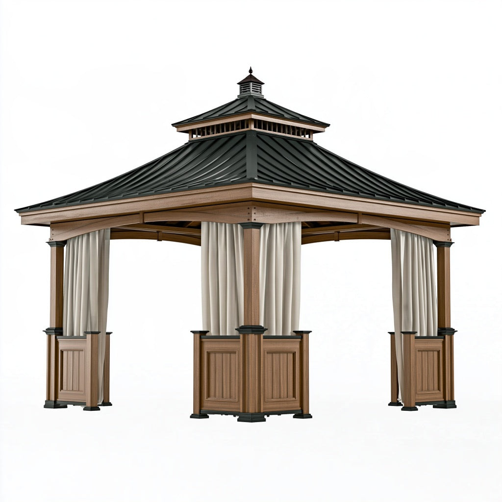 Gartenpavillon 400 x 400 cm Holzoptik Metall mit Vorhängen und Metalldach