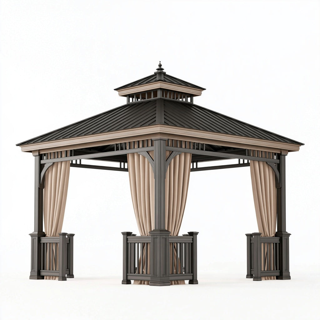 Gartenpavillon 300 x 300 x 320 cm Metall Anthrazit Beige mit Vorhängen klassisch