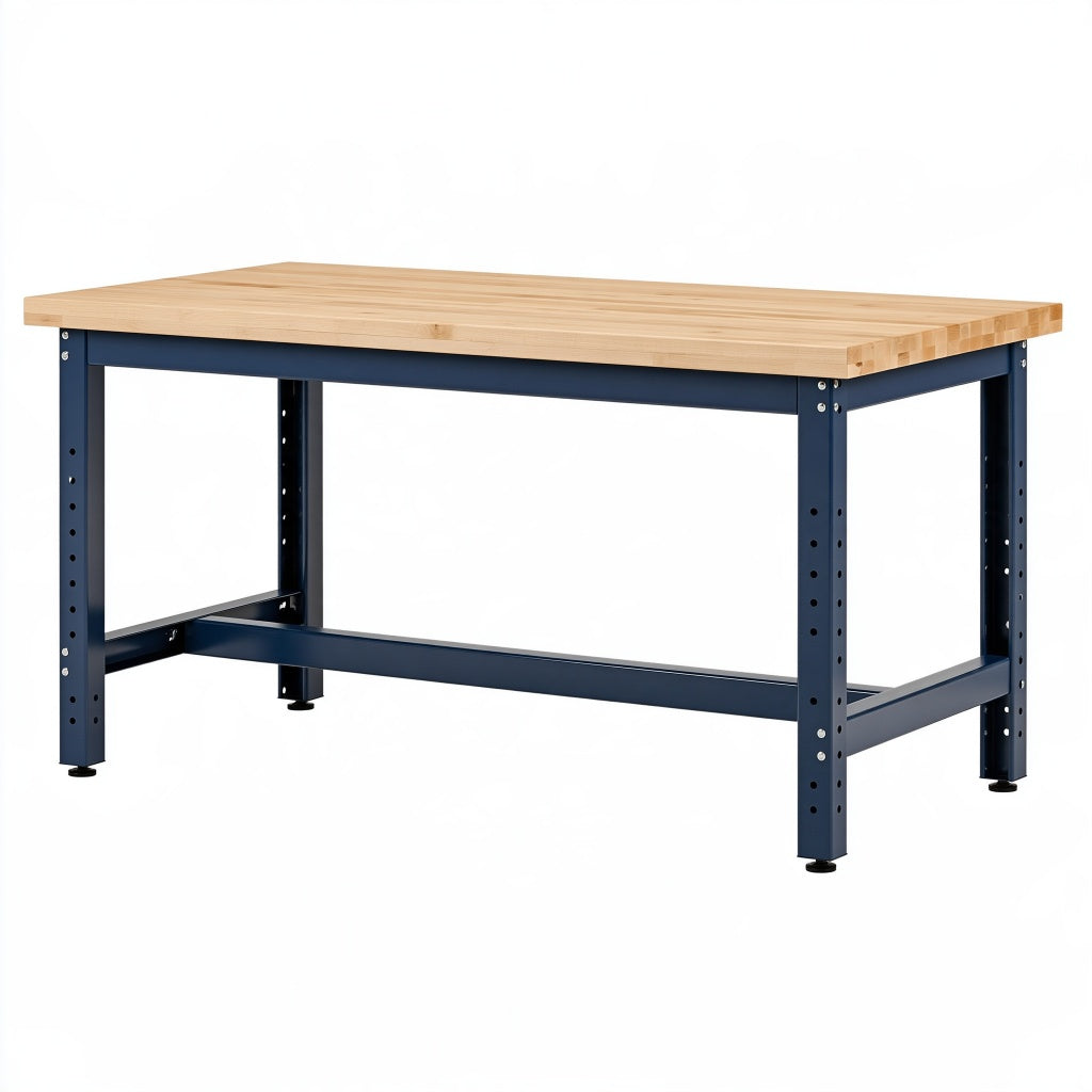 Werkbank 160 x 60 x 85 cm Massivholz Metall Naturholz Dunkelblau höhenverstellbar