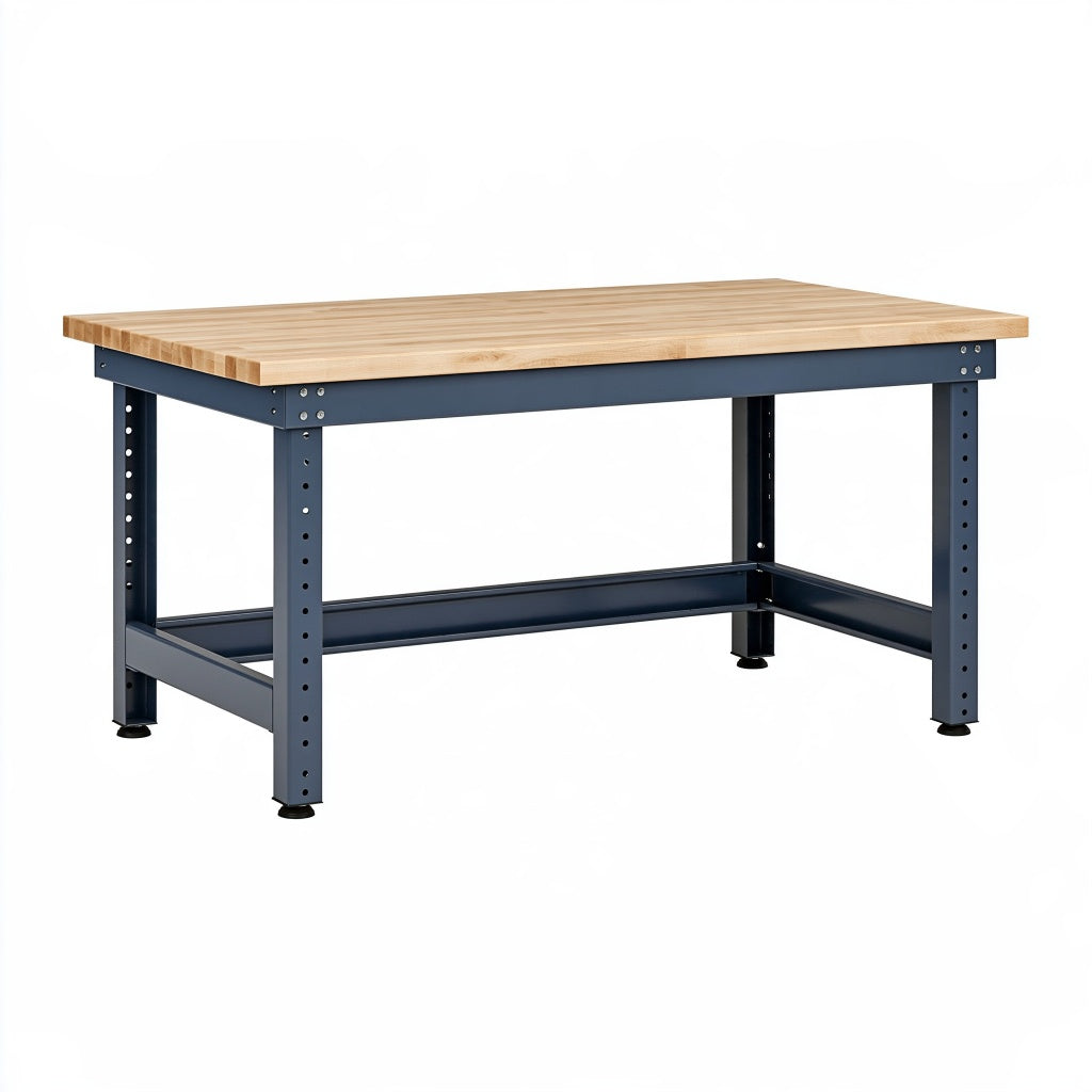 Werkbank 160 x 80 x 90 cm Holz und Stahl Naturblau höhenverstellbar