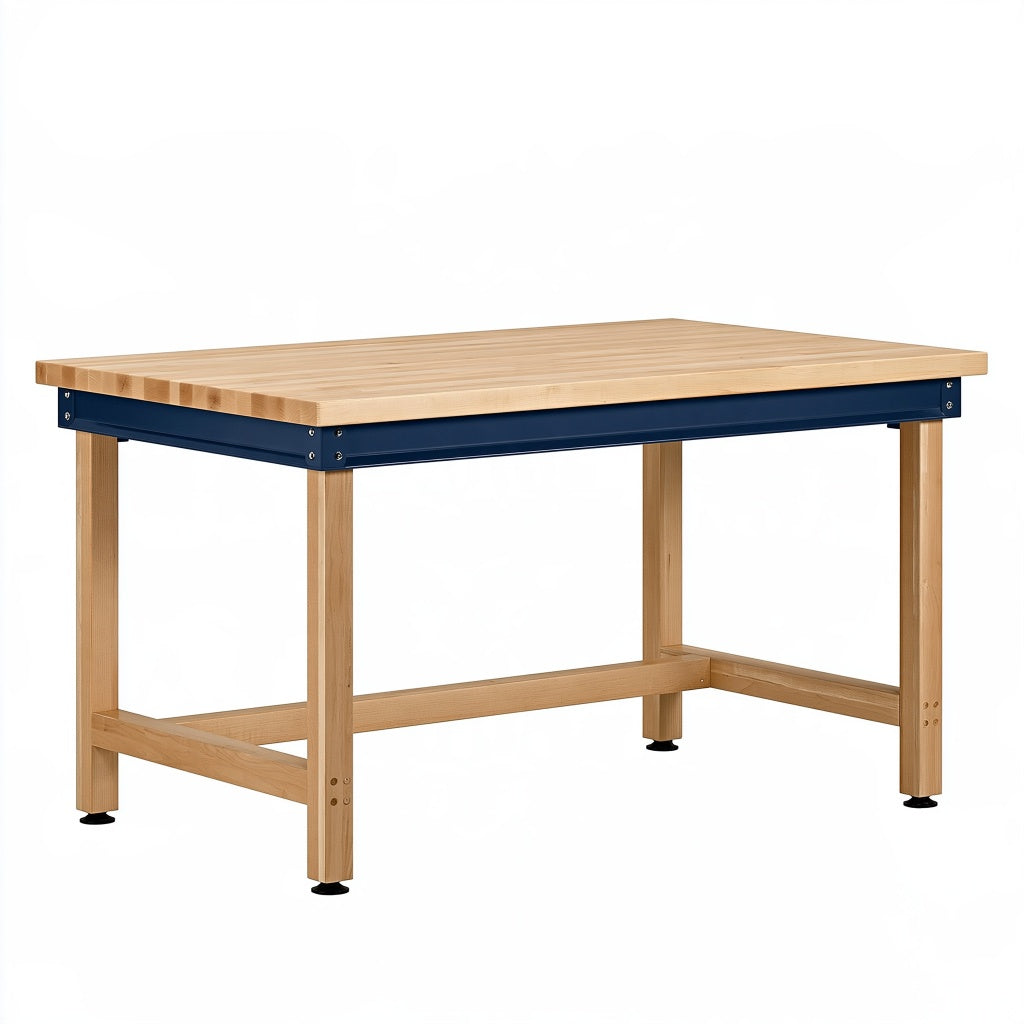 Werkbank 120 x 60 x 85 cm aus Holz und Stahl in Natur/Dunkelblau mit Ablageverstrebung