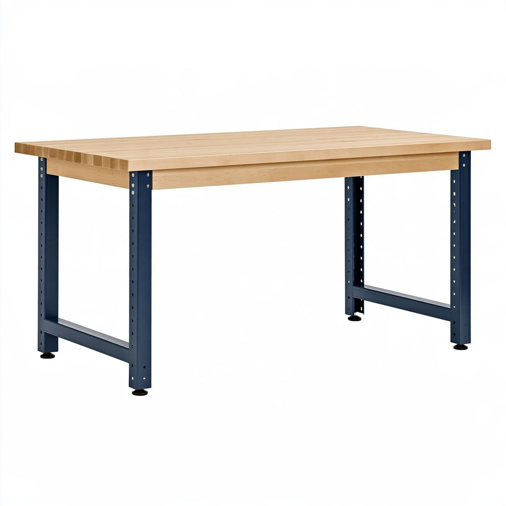 Werkbank 120 x 60 x 85 cm Holz und Stahl Naturblau höhenverstellbar