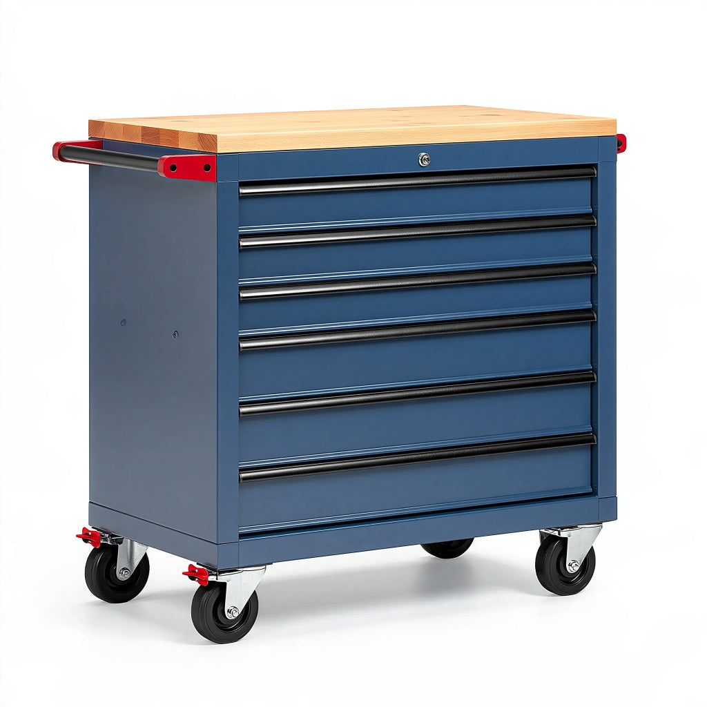 Werkstattwagen 76 x 46 x 97 cm aus Stahl und Holz Blau/Natur/Rot mit 6 Schubladen