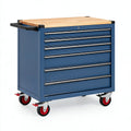 Werkzeugwagen 80 x 45 x 95 cm aus Stahl blau mit Holzarbeitsplatte und 6 Schubladen