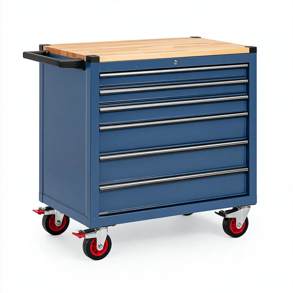 Werkzeugwagen 80 x 45 x 95 cm aus Stahl blau mit Holzarbeitsplatte und 6 Schubladen