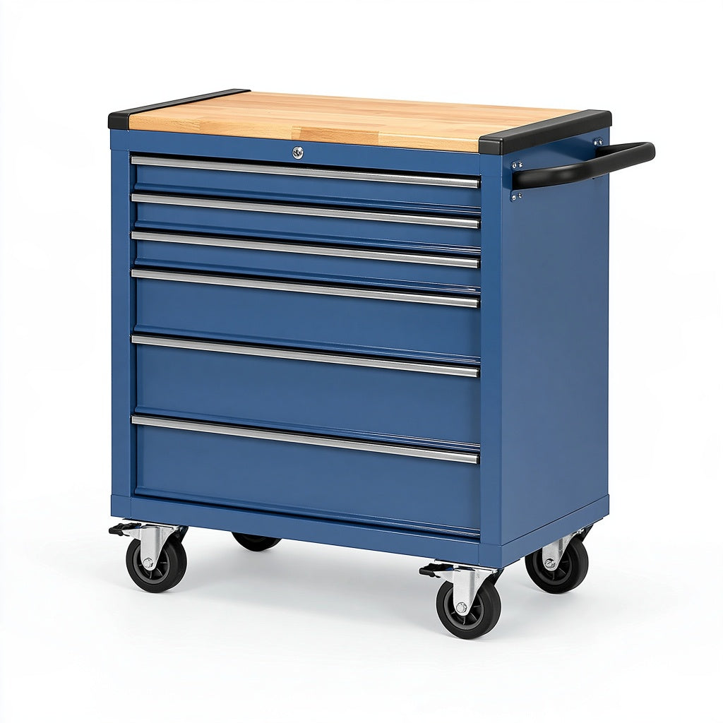 Werkzeugwagen 77 x 46 x 97 cm Stahl blau mit Holzarbeitsplatte rollbar