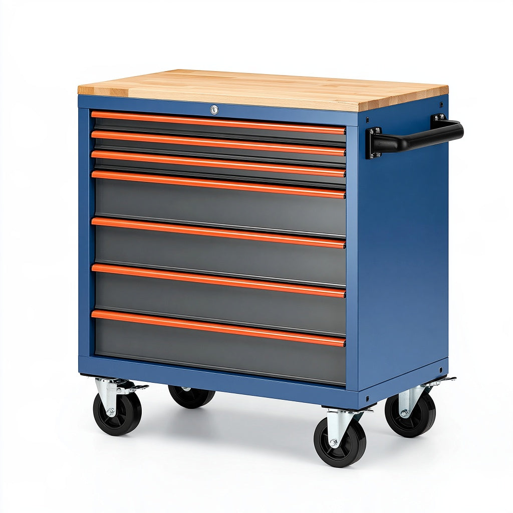Werkzeugwagen 85 x 46 x 100 cm Stahl Blau mit Holzarbeitsplatte und 7 Schubladen