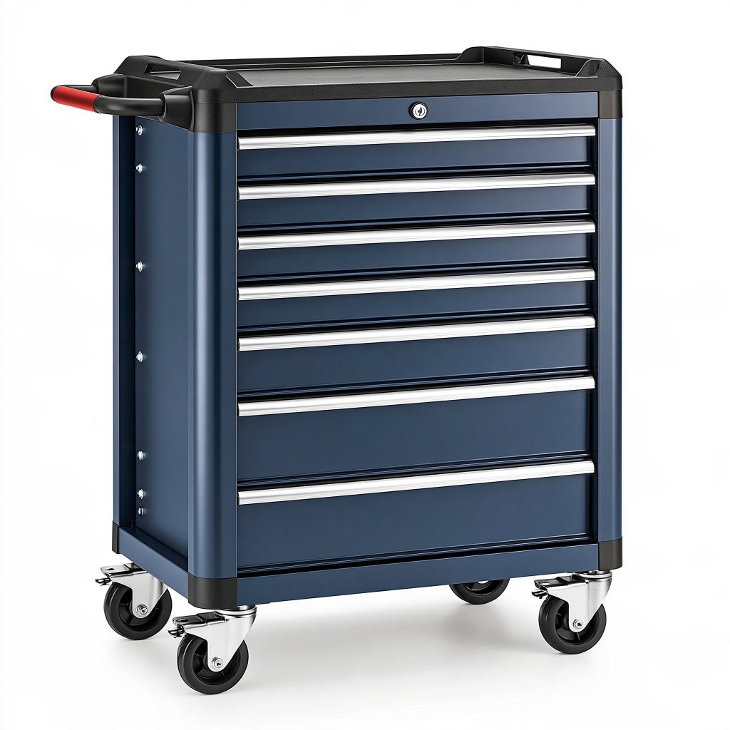 Werkzeugwagen 77 x 46 x 97 cm aus Stahl dunkelblau abschließbar mit 8 Schubladen